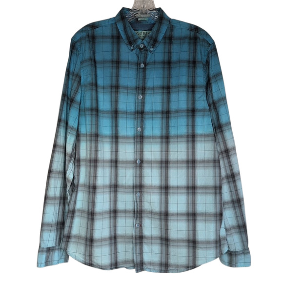 Guess Plaid Teal Ombre Dillon Slim Fit Shirt Men's Medium Western Cowboy - Picture 13 of 13